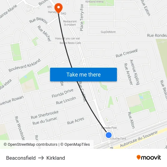 Beaconsfield to Kirkland map