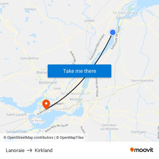 Lanoraie to Kirkland map