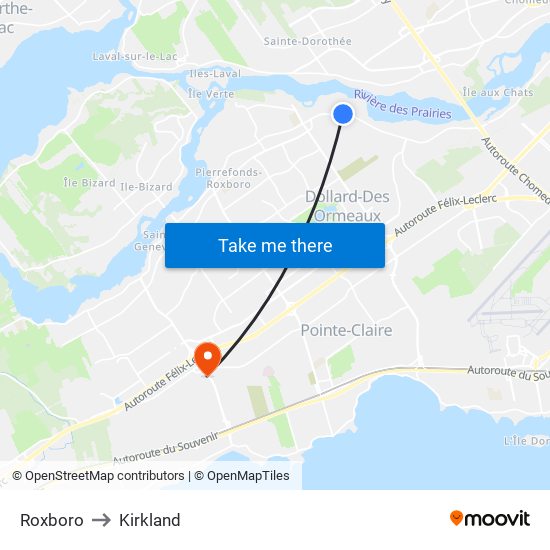 Roxboro to Kirkland map