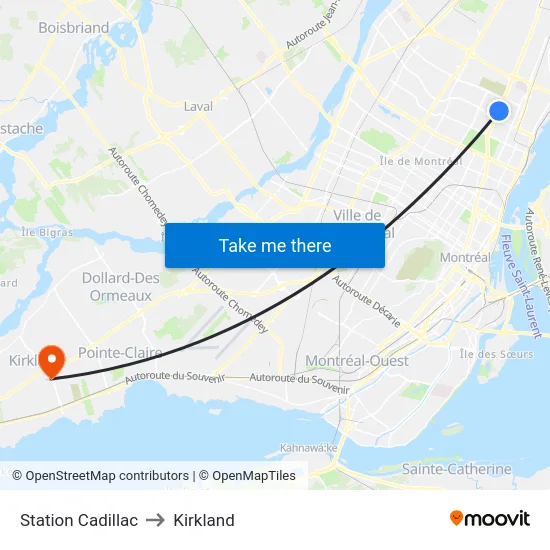 Station Cadillac to Kirkland map
