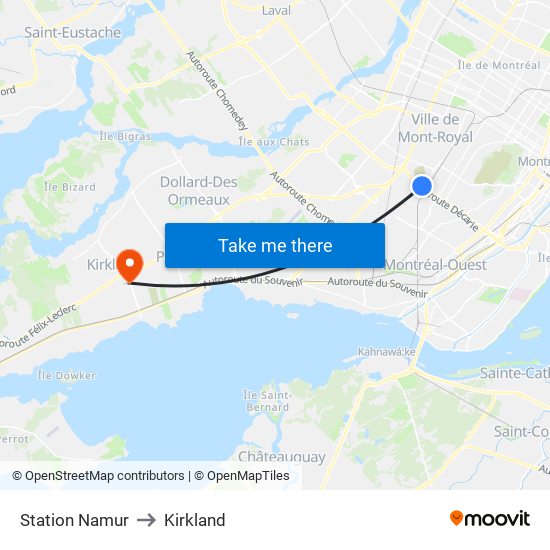 Station Namur to Kirkland map