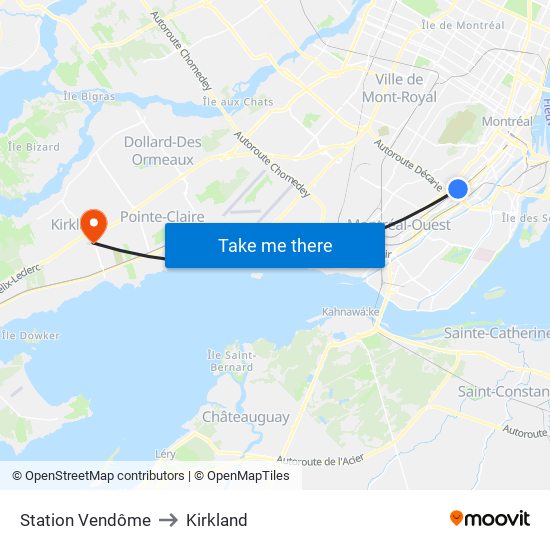 Station Vendôme to Kirkland map