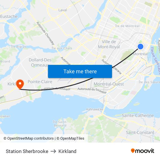 Station Sherbrooke to Kirkland map