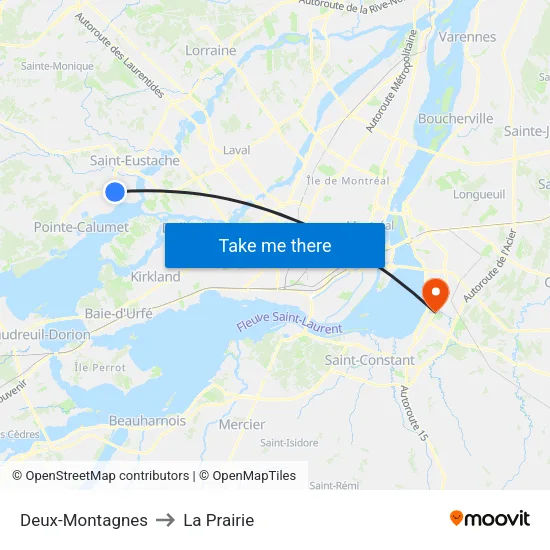 Deux-Montagnes to La Prairie map