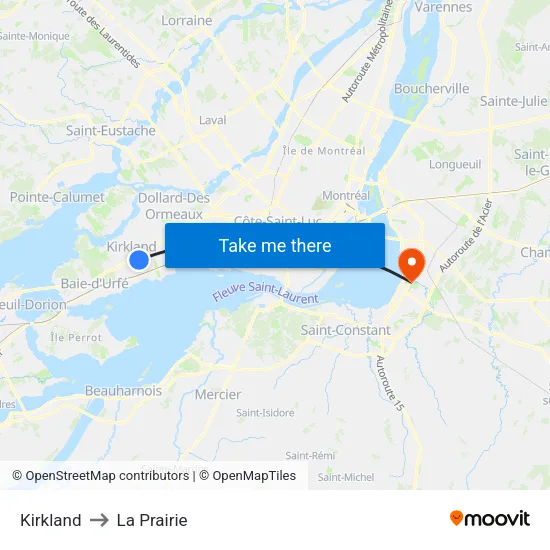 Kirkland to La Prairie map