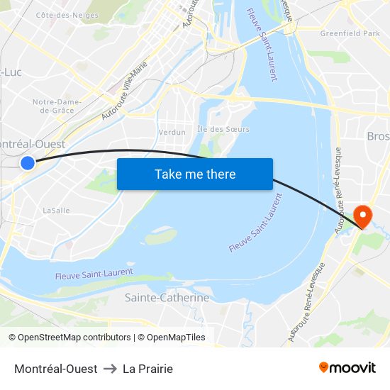 Montréal-Ouest to La Prairie map
