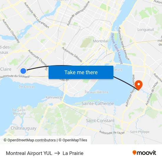 Montreal Airport YUL to La Prairie map