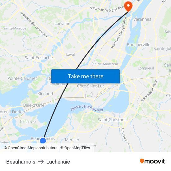 Beauharnois to Lachenaie map