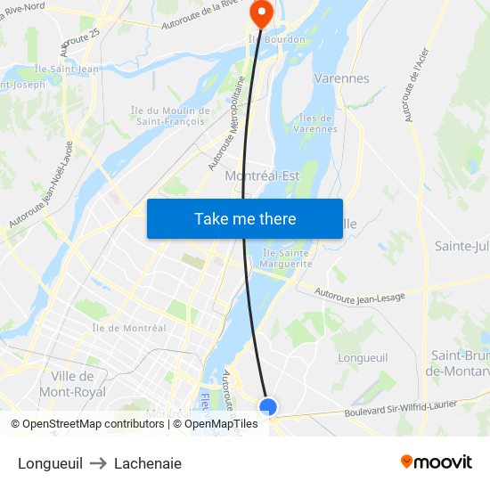 Longueuil to Lachenaie map