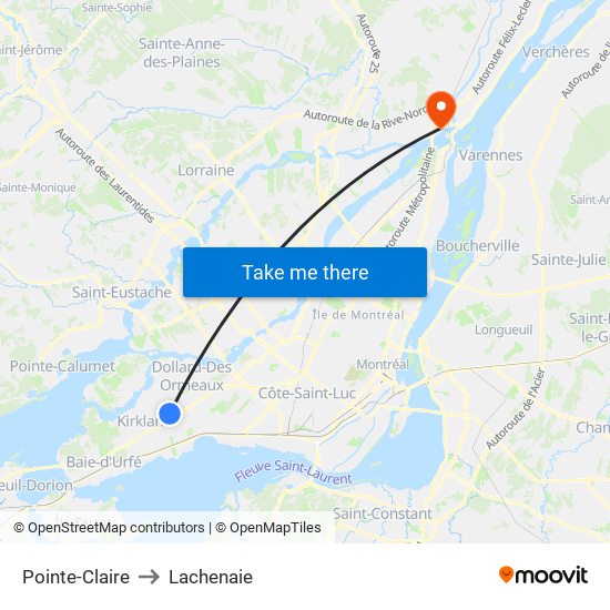 Pointe-Claire to Lachenaie map