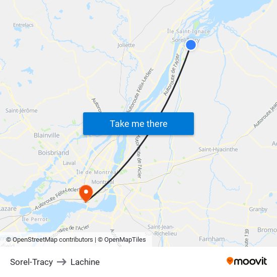 Sorel-Tracy to Lachine map