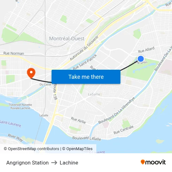 Angrignon Station to Lachine map