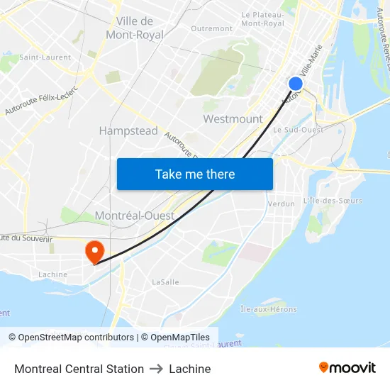 Montreal Central Station to Lachine map