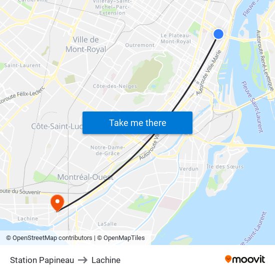 Station Papineau to Lachine map