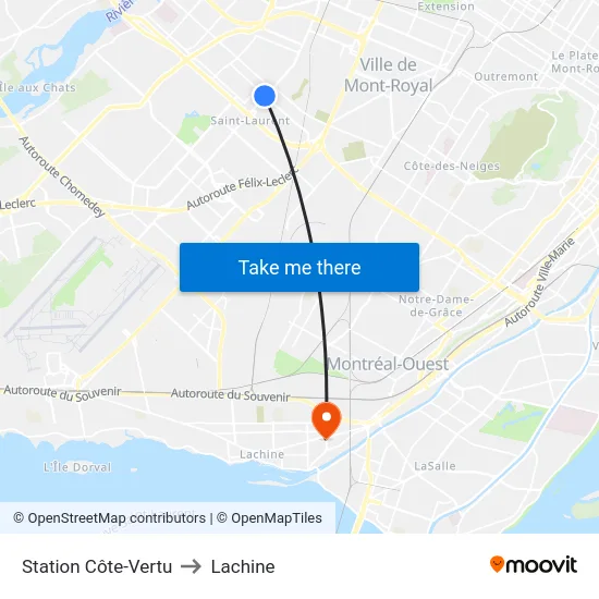 Station Côte-Vertu to Lachine map