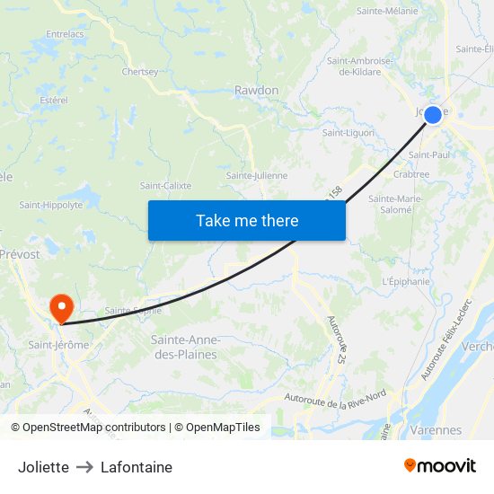 Joliette to Lafontaine map