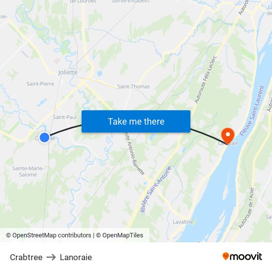 Crabtree to Lanoraie map
