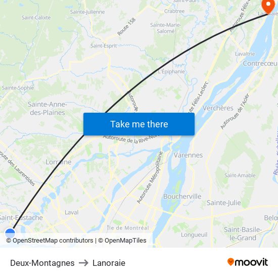 Deux-Montagnes to Lanoraie map