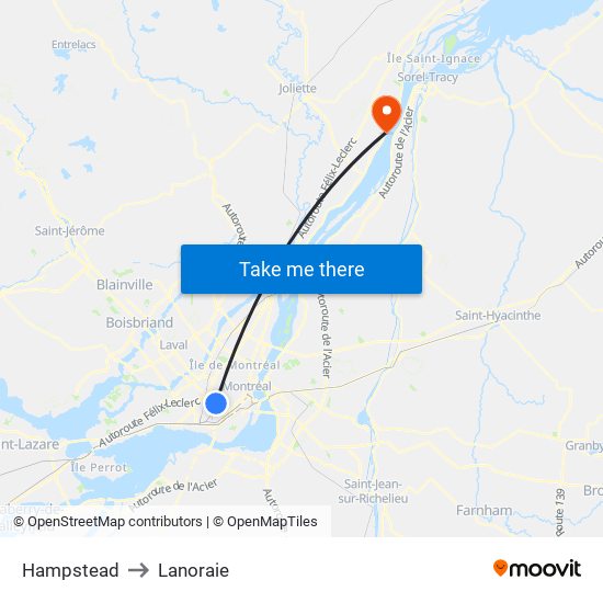 Hampstead to Lanoraie map