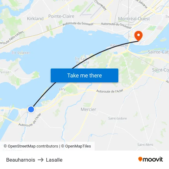 Beauharnois to Lasalle map