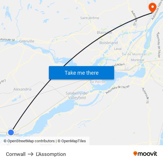 Cornwall to L'Assomption map