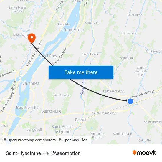 Saint-Hyacinthe to L'Assomption map