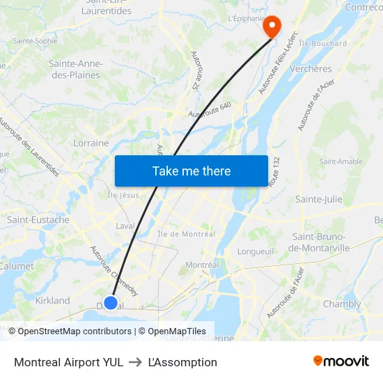 Montreal Airport YUL to L'Assomption map