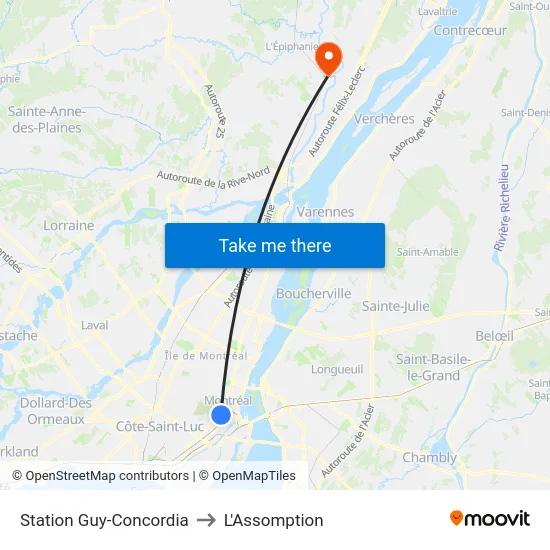 Station Guy-Concordia to L'Assomption map