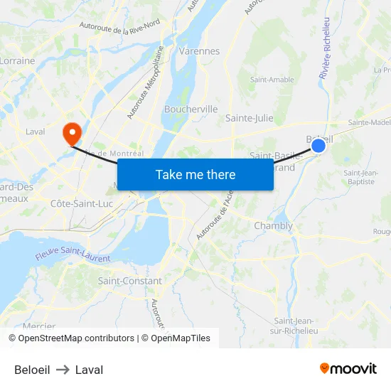 Beloeil to Laval map