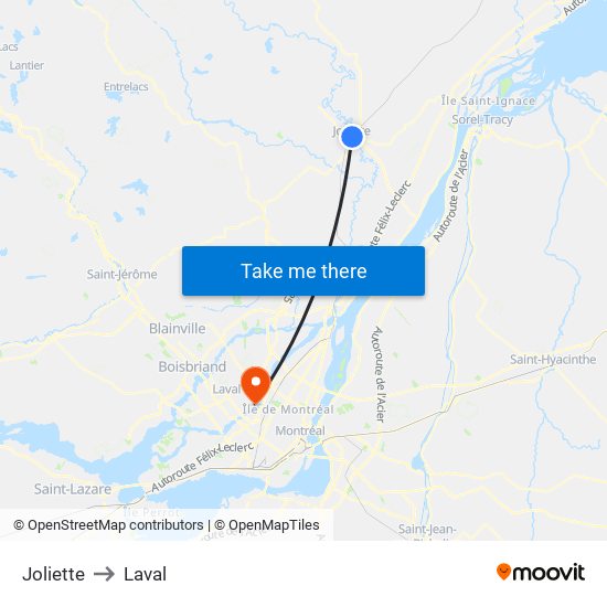 Joliette to Laval map