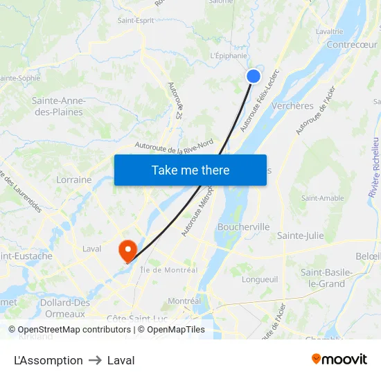 L'Assomption to Laval map