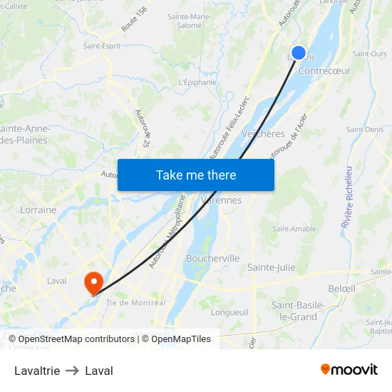 Lavaltrie to Laval map