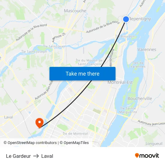 Le Gardeur to Laval map