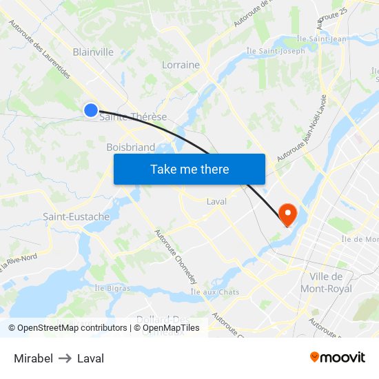 Mirabel to Laval map