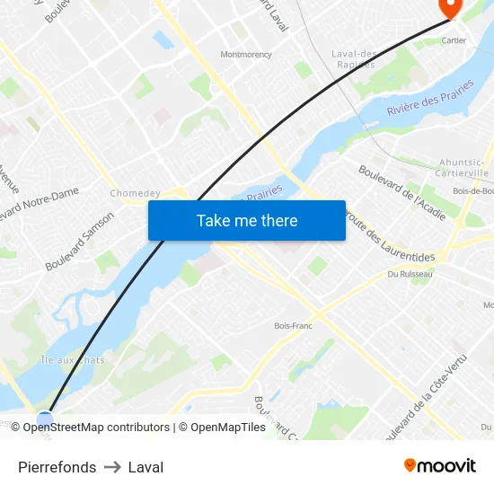 Pierrefonds to Laval map