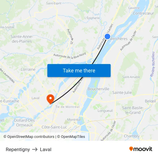 Repentigny to Laval map