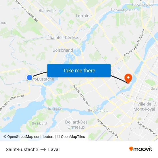 Saint-Eustache to Laval map