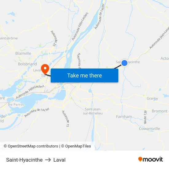 Saint-Hyacinthe to Laval map
