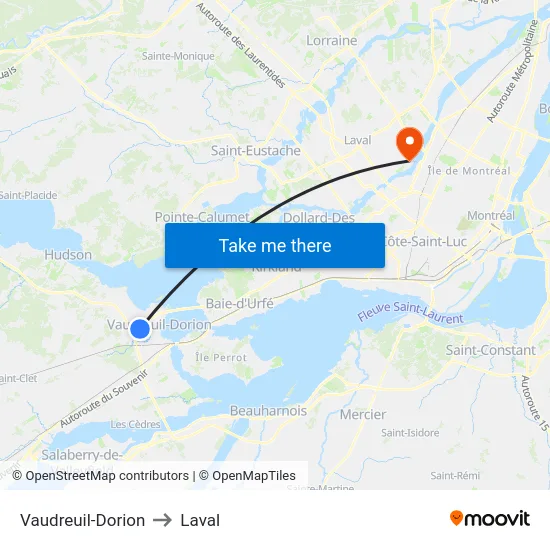 Vaudreuil-Dorion to Laval map