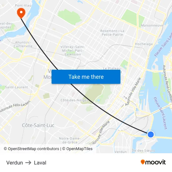 Verdun to Laval map