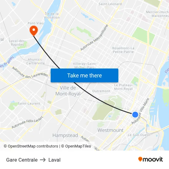 Gare Centrale to Laval map