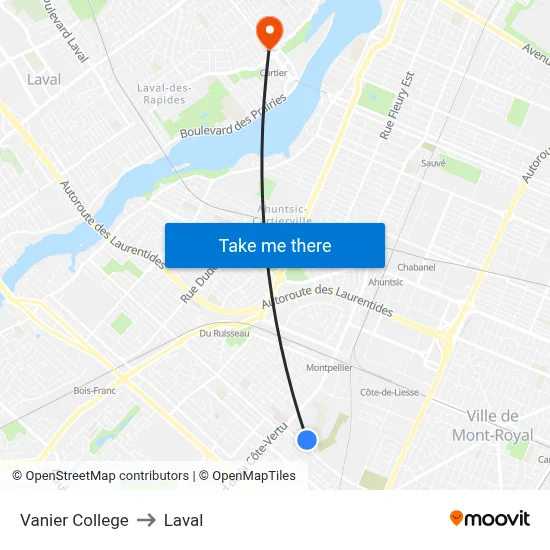 Vanier College to Laval map