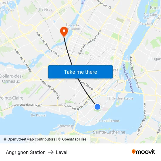 Angrignon Station to Laval map