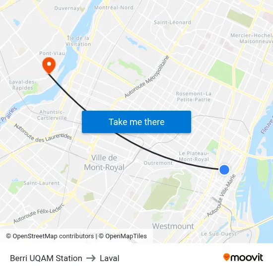 Berri UQAM Station to Laval map