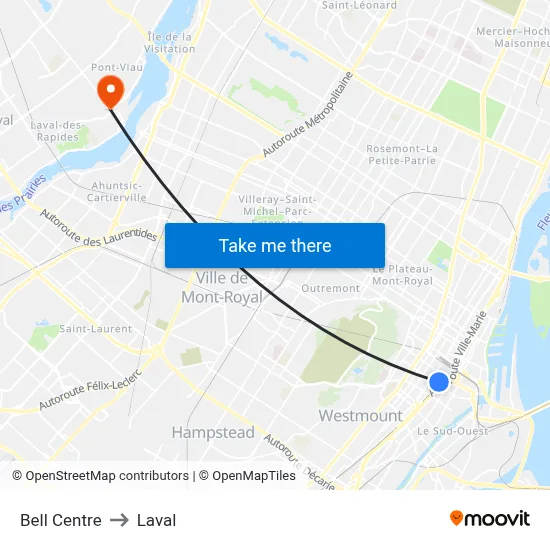 Bell Centre to Laval map