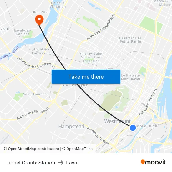 Lionel Groulx Station to Laval map