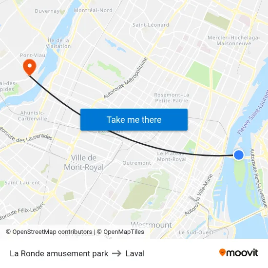 La Ronde amusement park to Laval map