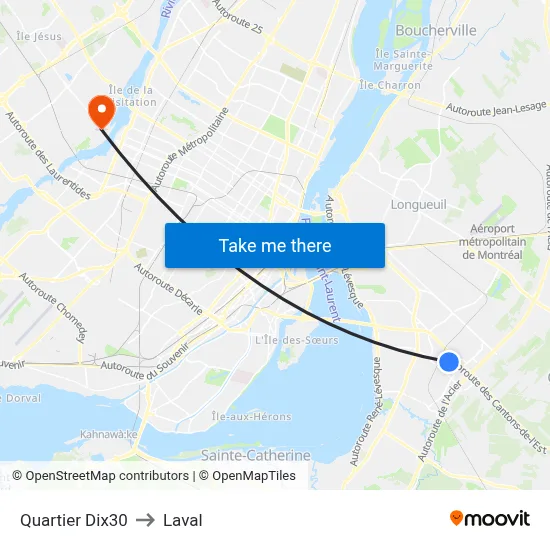 Quartier Dix30 to Laval map