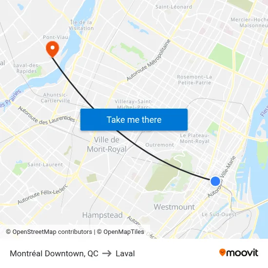 Montréal Downtown, QC to Laval map