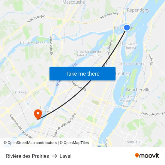 Rivière des Prairies to Laval map